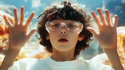 Step into the future of learning with a futuristic classroom powered by AI, where students use gesture-based interactive tools to explore complex subjects Imagine a young student, eyes wide with