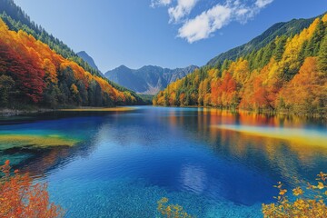 Vibrant autumn colors reflect in a serene lake surrounded by mountains and trees