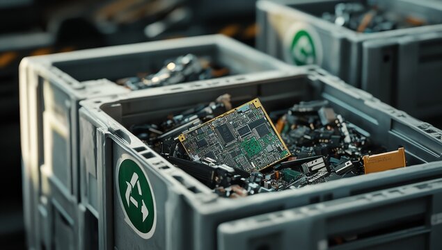 E-waste Recycling Plant Circuit Boards in Bins