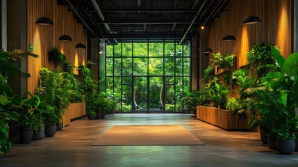 Fototapeta premium A large room with a lot of plants and a rug