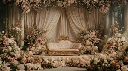 A wedding stage with an elegant sofa in the center, surrounded by soft pink and white flowers.