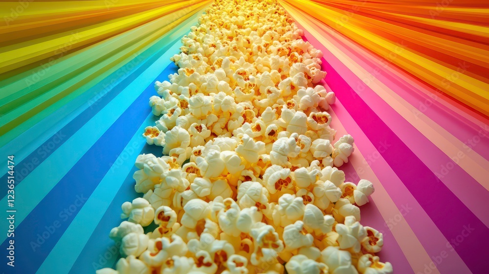 Poster rainbow-colored background with a pile of popcorn in the center.