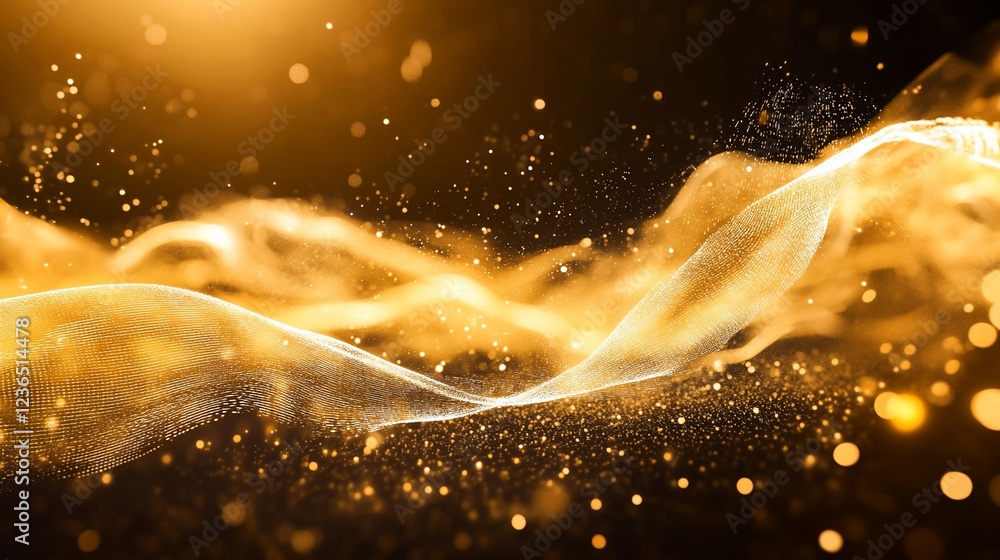 Poster abstract golden particle wave background with glittering light particles flowing elegantly