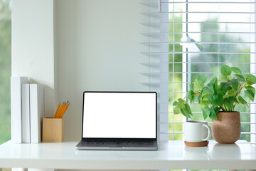 Inviting workspace with a laptop, potted plant, and a coffee mug on a white desk.