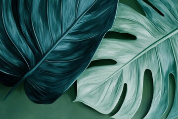 Teal tropical leaves, flatlay, green background, nature design