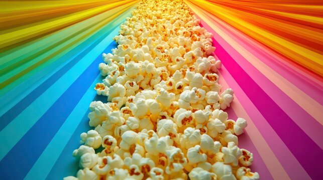 Rainbow-colored background with a pile of popcorn in the center.