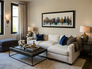 Modern Living Room Interior Design: A stylish and contemporary living room features a cream sectional sofa, dark wood coffee table, and eye-catching cityscape artwork above the fireplace.