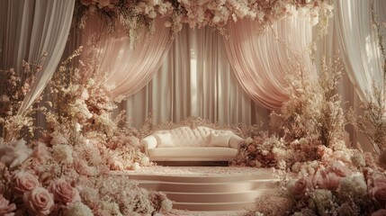 A wedding stage with an elegant sofa in the center, surrounded by soft pink and white flowers. 