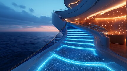 Futuristic yacht staircase with illuminated blue steps at sunset. (1)