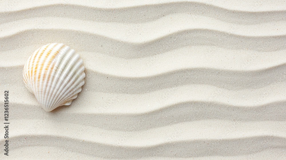 Aufkleber close-up of seashell on soft white sand with gentle waves patterns