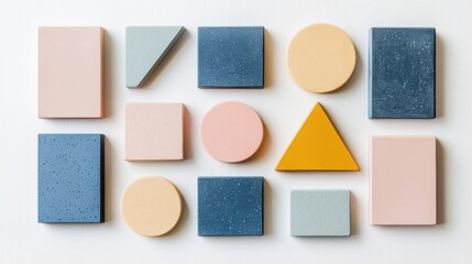 Fototapeta premium Collection of Geometric Shapes in Soft Pastel Colors on White Background