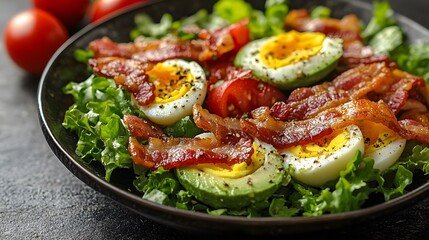 A keto-friendly avocado and egg salad with bacon strips, clean background for copy space.