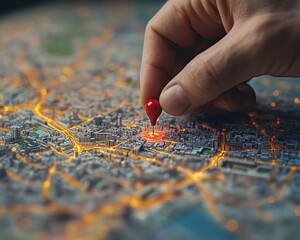 Naklejka premium A hand carefully placing a red pin on a detailed city map model, representing navigation, travel, and location identification, highdefinition, 8K render