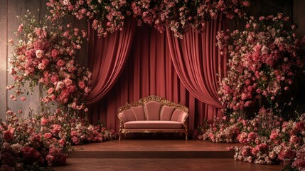 A stage with flowers and red curtains, there is an elegant sofa in the middle of it. The background wall has large pink floral arrangements on both sides. 