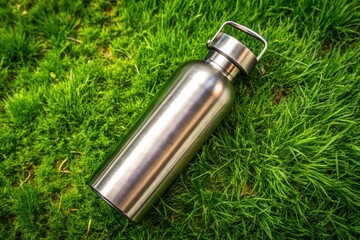 Eco-friendly steel water bottle mockup: top view, vibrant green grass backdrop. Sustainable hydration, perfectly showcased.