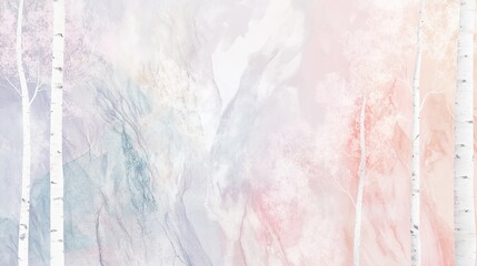 Fototapeta premium Abstract Marble-Like Background with Birch Trees and Pale Pastel Colors. Scandinavian Design Elements Combined with Traditional Japanese Shimenawa.