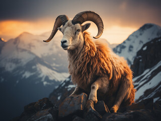 Obraz premium Majestic Ram Perched Wisely On Rocky Summit At Golden Sunset