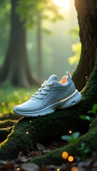 Futuristic shoes with glowing accents rest on ancient roots, blending tech and nature in a mystical forest.