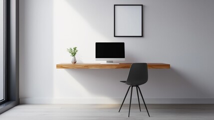 Modern Minimalist Workspace with Computer and Black Chair