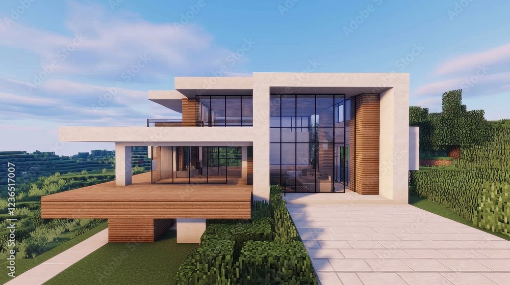 Poster modern architectural design with large windows and natural elements