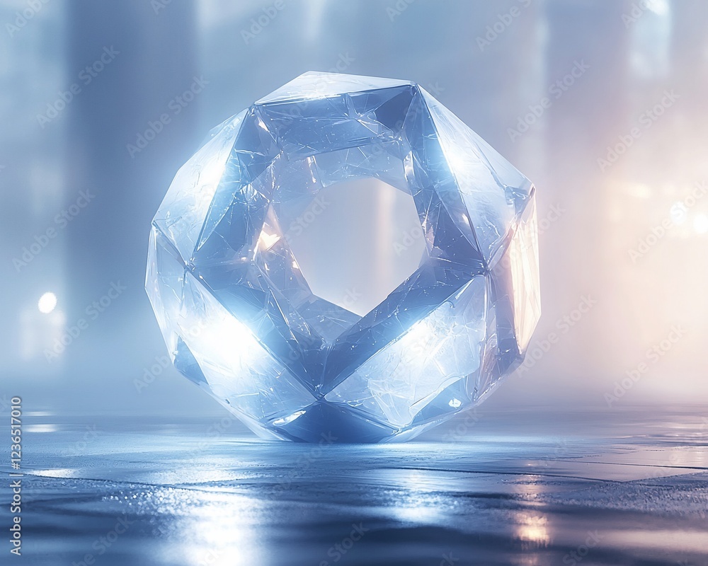 Poster glowing crystal geometric shape on reflective surface.