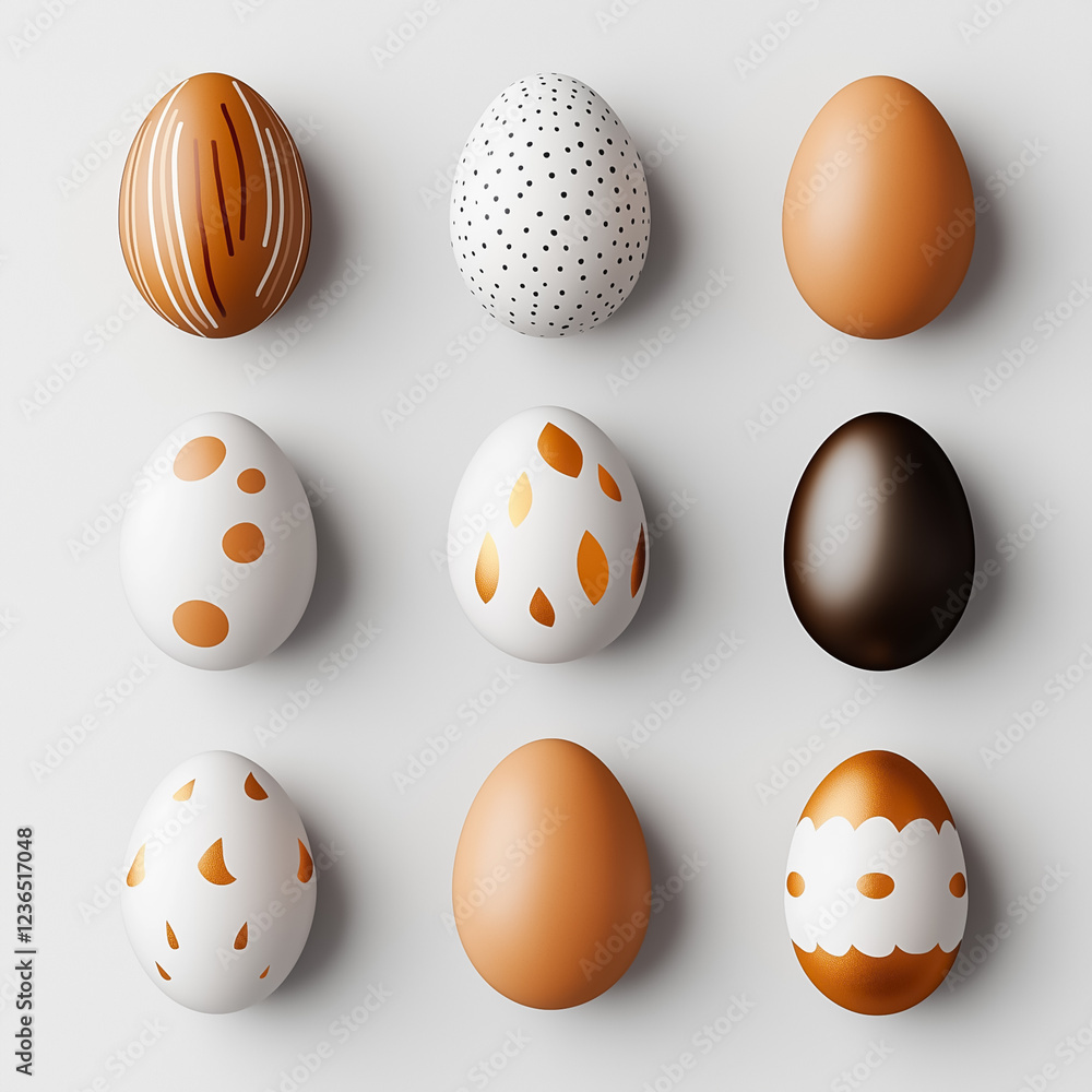 Poster a collection of minimalist easter eggs featuring unique geometric patterns is artfully arranged on a