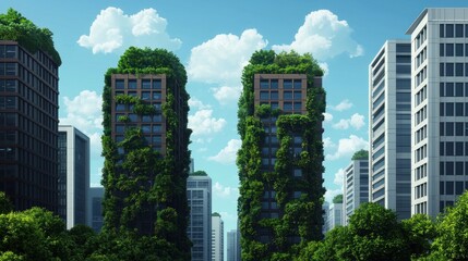 Fototapeta premium Lush Green Buildings Surrounded by Urban Environment and Blue Sky