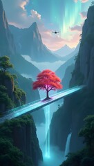 A glowing glass bridge spans a lush valley, centered by a red tree, blending tech and nature in harmony.