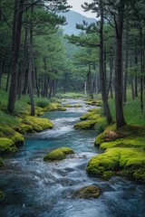 Peaceful stream flowing through a lush green forest under soft morning light