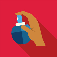 Hand holding and spraying a blue perfume bottle on a vibrant red background, representing fragrance, beauty, and personal care