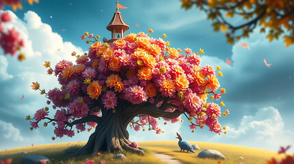 Adorable and Charming 4k desktop fantasy background wallpaper featuring a colorful tree