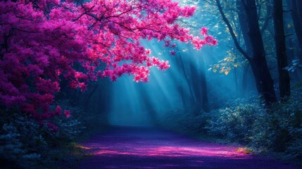 Enchanting Forest Path with Vibrant Pink Blossoms and Soft Light