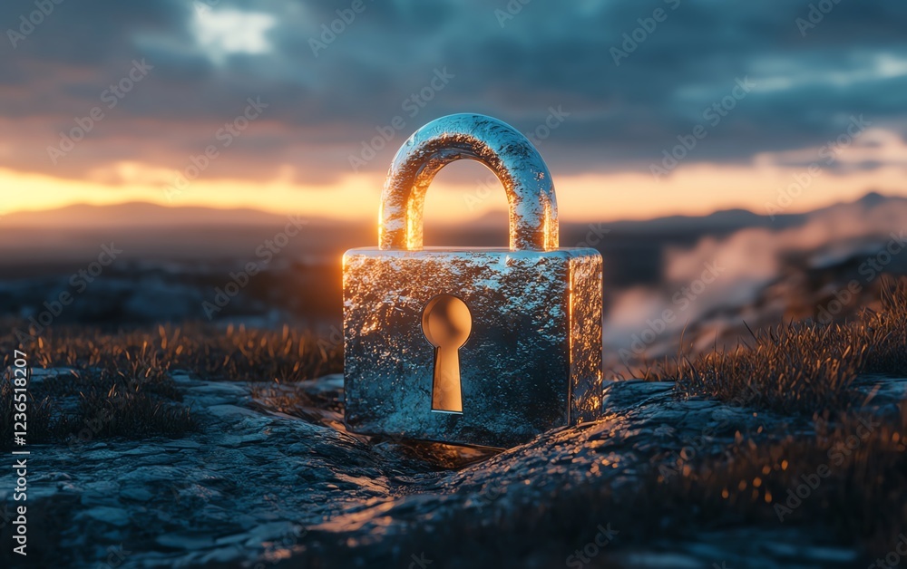 Aufkleber a digital padlock floating in a virtual landscape