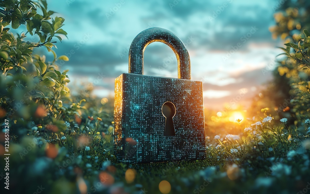 Aufkleber a digital padlock floating in a virtual landscape