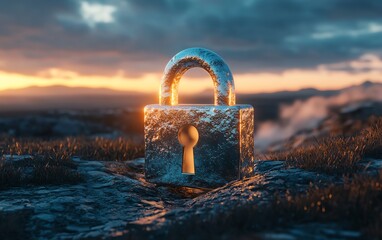 A digital padlock floating in a virtual landscape