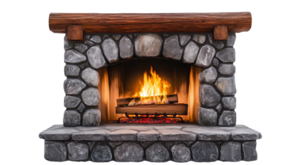 Stone fireplace burning with warm cozy fire on transparent background