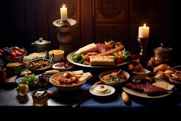 A Bountiful Feast: Savory Meats, Fresh Salads, and Hearty Breads Illuminated by Candlelight, Creating a Warm and Inviting Atmosphere for a Delicious Culinary Experience.