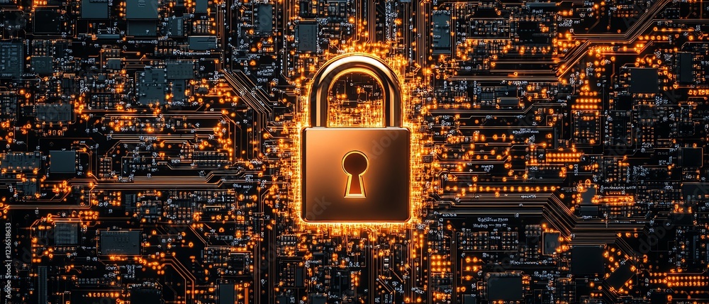 Poster A secure digital padlock overlaid on a background of binary code
