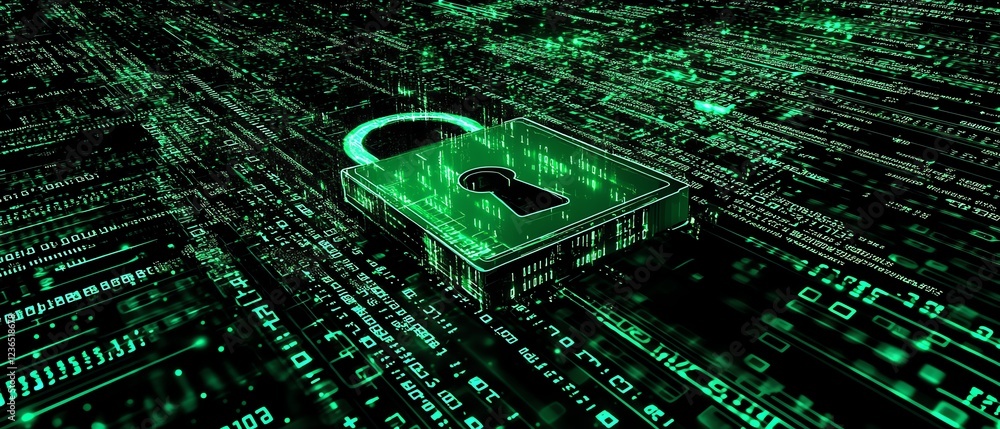 Poster A secure digital padlock overlaid on a background of binary code