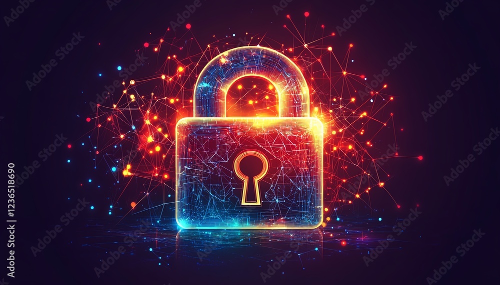 Poster a sleek digital padlock glowing in a network of data