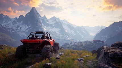 Rugged Off-Road Vehicle in Majestic Mountain Landscape at Sunset