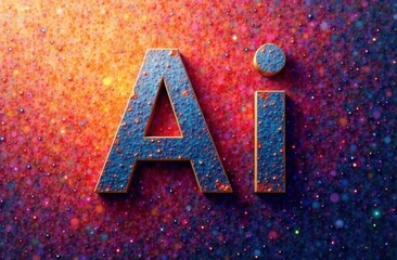 AI text in a futuristic, textured style with a vibrant and colorful digital background, symbolizing artificial intelligence and technology