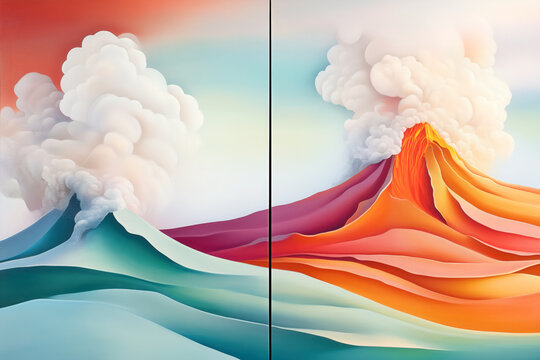 Erupting Volcano diptych smoke ash sky fiery orange abstract landscape