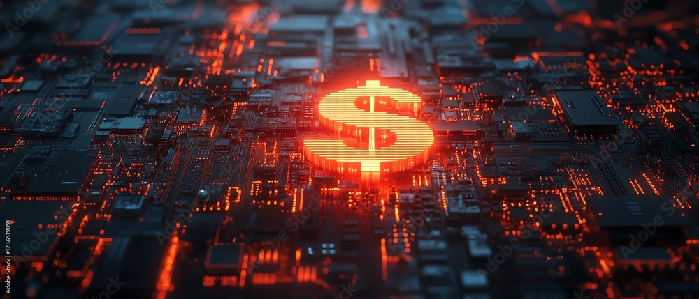 Poster cloud computing costs concept, dollar sign in a cloud over a glowing digital circuit board, data con