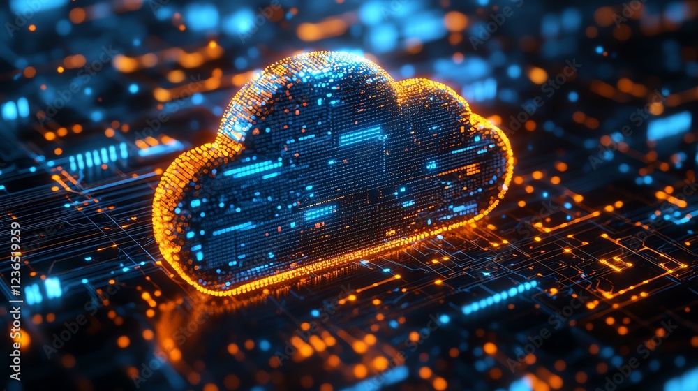 Aufkleber Digital cloud computing with API management, illustrating data flow, network connectivity, and analytics, glowing data pathways, hightech design, ultradetailed, 8K, Midjourney v5