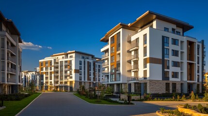 Fragment of Modern residential apartment with flat buildings exterior Detail of New luxury house and home complex Part of City Real estate property and condo architecture Copy space Blue sky