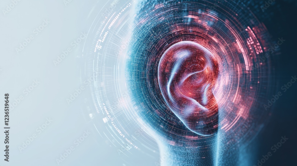 Aufkleber futuristic digital ear surrounded by concentric circles of data, symbolizing the process of listenin