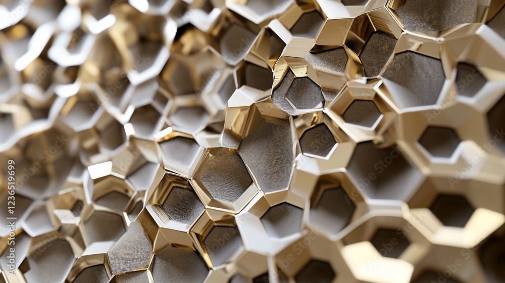 Poster golden honeycomb pattern with a reflective surface creating an abstract metallic design