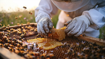 Beekeeper Collecting Honey at Sunset Isolated on White Background
