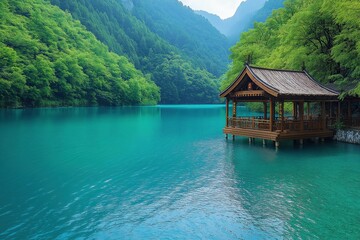 Scenic lake surrounded by mountains with traditional wooden pavilion on a clear sunny day